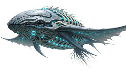 Bioluminescent mechanical whale creature with glowing blue energy alien fantasy