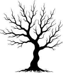 Obraz premium Bare Tree Silhouette with Spreading BranchesLeafless Tree Black Silhouette IllustrationWinter Tree with Roots and Branches