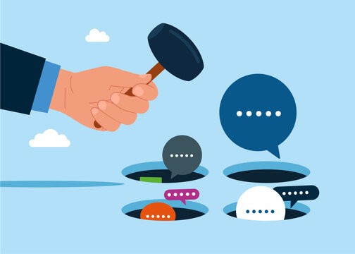 Hand holding hammer hitting the speech bubbles in a mole hole. Playing hamster game. Discussion, conversation, meeting, team communication. Flat vector illustration