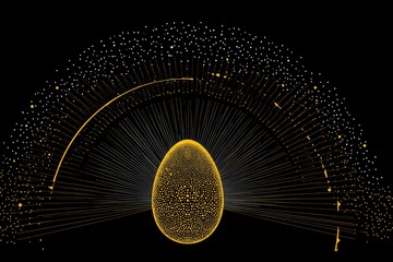Digital egg-shaped form emanating golden light rays against a black background