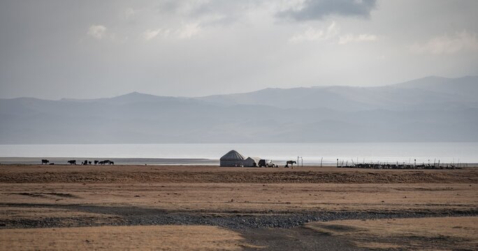 Traditional yurts at Songk&ouml;l Lake on a plateau, mountains in the background, Kyrgyzstan