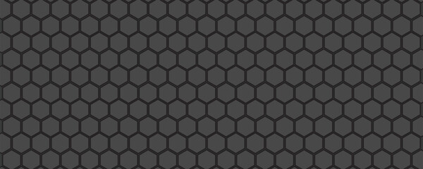 Dark grey abstract wide horizontal banner with hexagon carbon fiber grid and orange luminous lines. Technology vector background with orange neon lines
