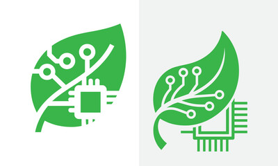 Obraz premium Green leaf with circuit board pattern and electronic components