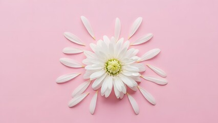 A white flower with scattered petals on a soft pink background