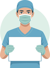 Professional male surgeon doctor holding blank white sign wearing surgical mask gloves and scrubs in hospital healthcare setting for medical advertisement presentation or health awareness campaign vec