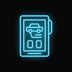 Blue neon icon of a smartphone displaying car repair status update on a black background