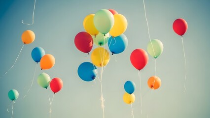 A colorful collection of balloons floating freely against a clear blue sky. A scene of pure joy and celebration.
