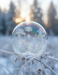 A captivating frozen soap bubble adorned with intricate ice crystal formations on a cold winter day