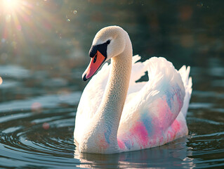 Majestic swan with unique pink and blue colored feathers floating on a lake, backlogged by warm sunlight creating a magical fairy-tale atmosphere.