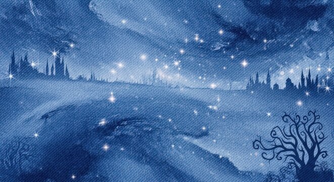 A serene night sky with stars and silhouettes of buildings, with a tree and a moon in the foreground. - Powered by Adobe