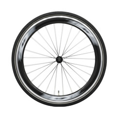 Fototapeta premium Black bicycle wheel with silver spokes and rim on black background bike transportation
