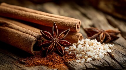 Close-up of cinnamon sticks, star anise, spices, and coarse salt on weathered wood