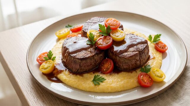 Hand garnishing seared beef medallions with tomato and parsley over creamy polenta on a ceramic plate