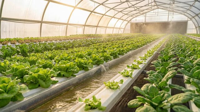 Hydroponic lettuce cultivation in modern greenhouse with nutrient rich water channels and automated irrigation for sustainable agriculture