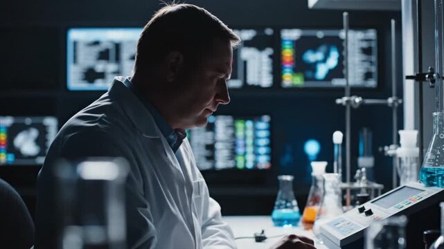 Scientist in a lab contemplating data analysis while surrounded by scientific equipment and monitors