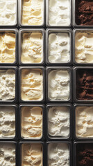 Assorted trays of creamy vanilla and chocolate ice cream in display.