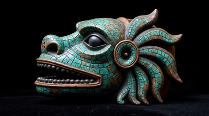 Fototapeta premium A detailed look at an Aztec ceremonial mask made of turquoise mosaic and obsidian, photographed on black velvet to highlight its craftsmanship and spiritual significance — ancient artistry, sacred