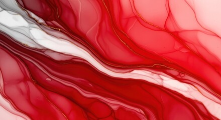 Abstract red and white fluid art with gold accents on a white background.