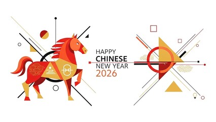 Happy Chinese New Year 2026 featuring a vibrant pixel art horse and modern graphics