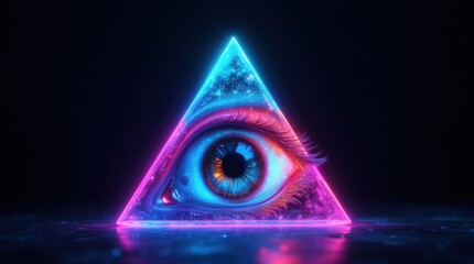 A luminous neon eye and pyramid contrast sharply with a dark background, reflecting themes of surveillance, facial recognition technology, global power, privacy invasion, blackmail, and encryption