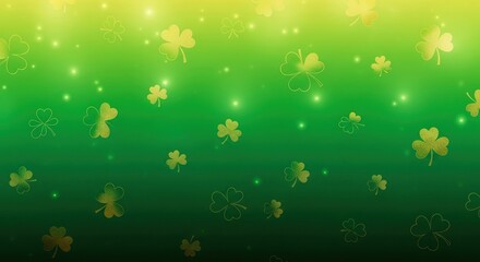 Green and yellow shamrocks on a green background with sparkles.