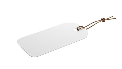 Blank white rectangular tag with rounded corners and brown twine string on black background label paper
