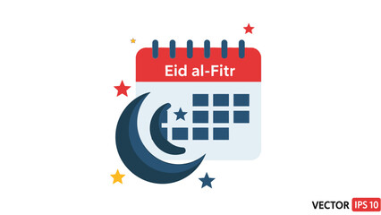 Vector illustration of a Eid al-Fitr greeting card with a calendar, crescent moon, and stars on a red and white background.
