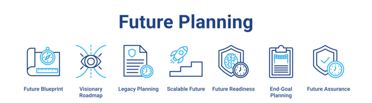 Future Planning web banner icon vector illustration concept for business with icon of Future Blueprint, Visionary Roadmap, Legacy Planning, Scalable Future, Future Readiness, End-Goal Planning,.