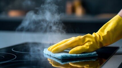 A hand, gloved in yellow, cleans a stovetop with a blue sponge, steam rising