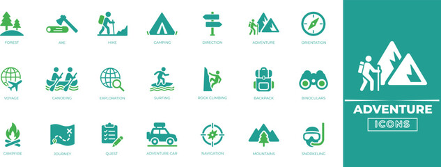 Adventure icon set with travel, camping, map, direction, discovery, exploration, nature, and journey symbols for websites, apps, and branding © SokretiRani