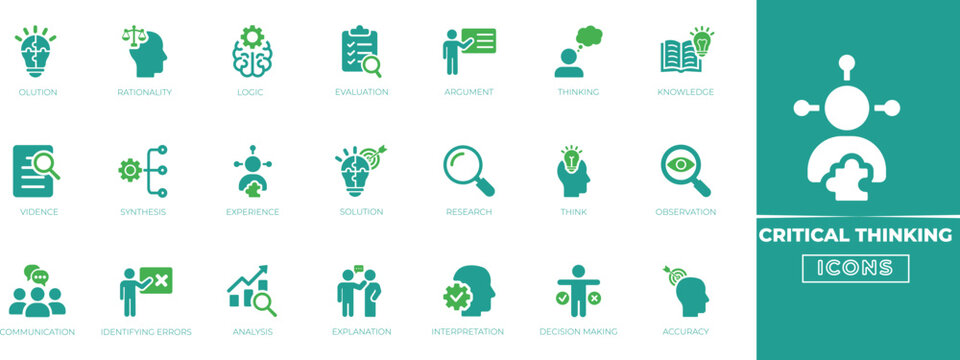 Critical thinking icon set with analysis, brain, decision, mind, problem-solving, decision-making, logic, and strategy symbols for education and business.