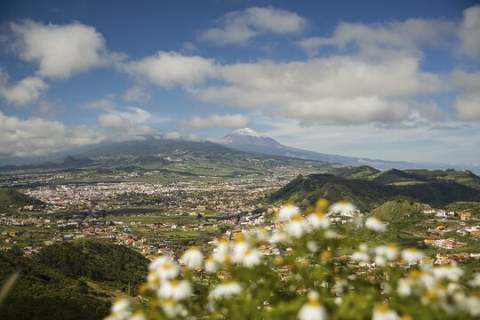 Panorama from Mirador de Jardina to San Cristobal de La Laguna, behind it the Pico de Teide, 3718m, Tenerife, Canary Islands, Spain
