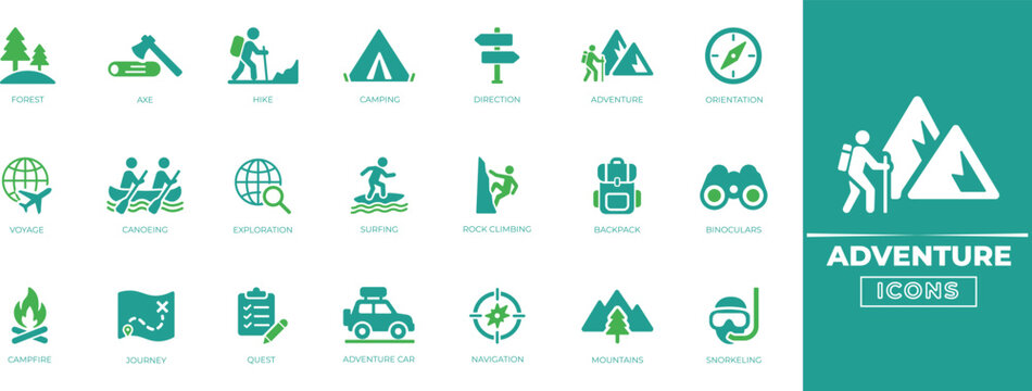 Adventure icon set with travel, camping, map, direction, discovery, exploration, nature, and journey symbols for websites, apps, and branding