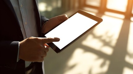 Close-up of a person's hands holding a tablet with a blank white screen