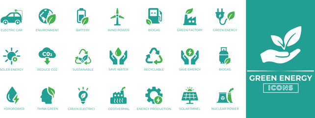 Green energy icon set with solar, wind, renewable, alternative, eco, sustainable power, and renewable energy symbols for websites, apps, and branding