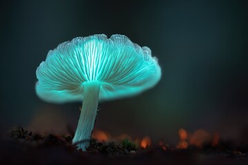 Mushroom glows in the dark under a forest canopy during nighttime
