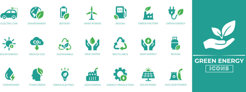 Green energy icon set with solar, wind, renewable, alternative, eco, sustainable power, and renewable energy symbols for websites, apps, and branding