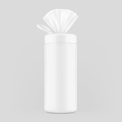 Wet wipes open canister mockups with set icons. Vector illustration isolated on grey background. Easy to customise for your product, promo or ad. EPS10.
