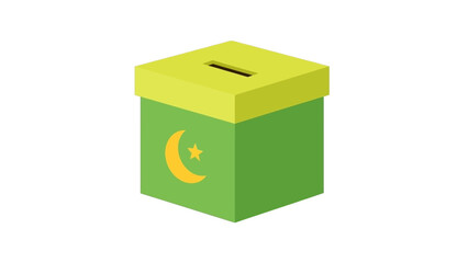 Obraz premium Isometric green ballot box with a yellow lid and crescent moon symbol on a white background.