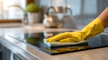 Close-up of gloved hand wiping a sleek black cooktop in a modern kitchen with sunlight