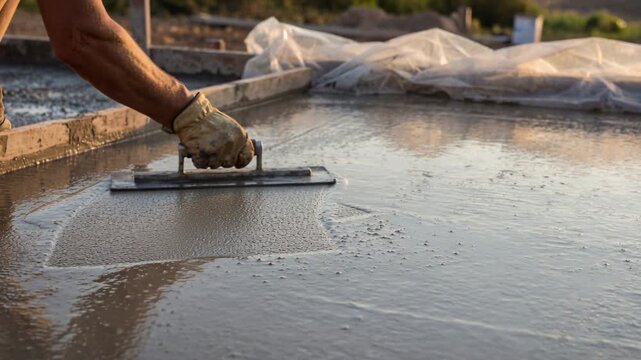 Fresh concrete slab being leveled by construction worker using hand trowel for smooth foundation surface at residential building site
