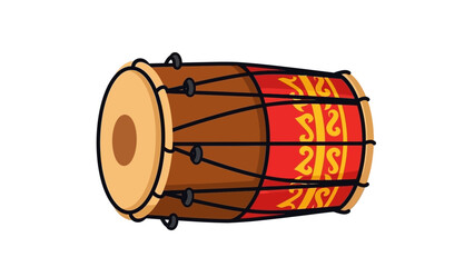 A colorful cartoon illustration of a traditional Indian drum with red and yellow details on a white background.