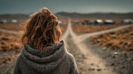 A person faces a crossroads of dusty roads leading toward distant buildings, set against a hilly backdrop