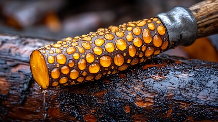 Wet axe handle on wood.