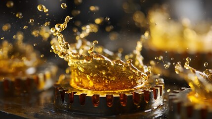 Close-up of gear mechanisms with oil splashing, representing mechanics and industrial processes