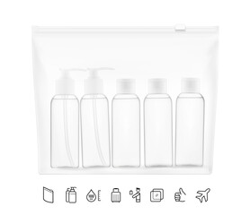 Clear travel bottles for toiletries set in zip-lock packaging bag mockup with set icons. Vector illustration isolated on white background. Great for your design. EPS10.