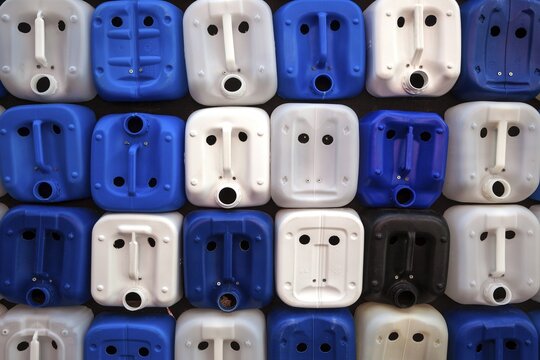 White and blue plastic canisters with faces, Camara de Lobos, Madeira, Portugal