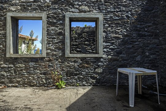 Crumbling wall with window frame, Porto da Cruz, Madeira, Portugal