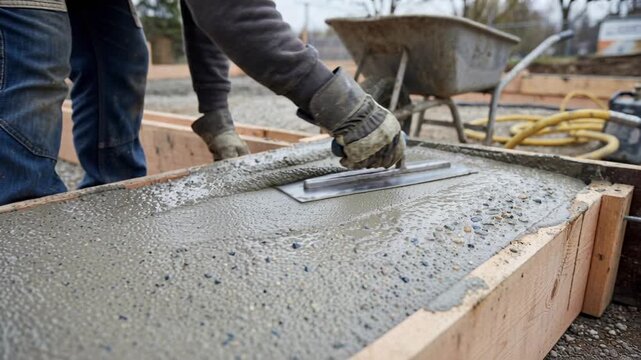 Fresh concrete slab being smoothed by construction worker with trowel at building site during foundation work and structural preparation