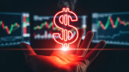 Hand holding glowing dollar sign amidst financial charts, showcasing dynamic investment potential, camera zooms in to emphasize the illuminated symbol of wealth and opportunity - Powered by Adobe